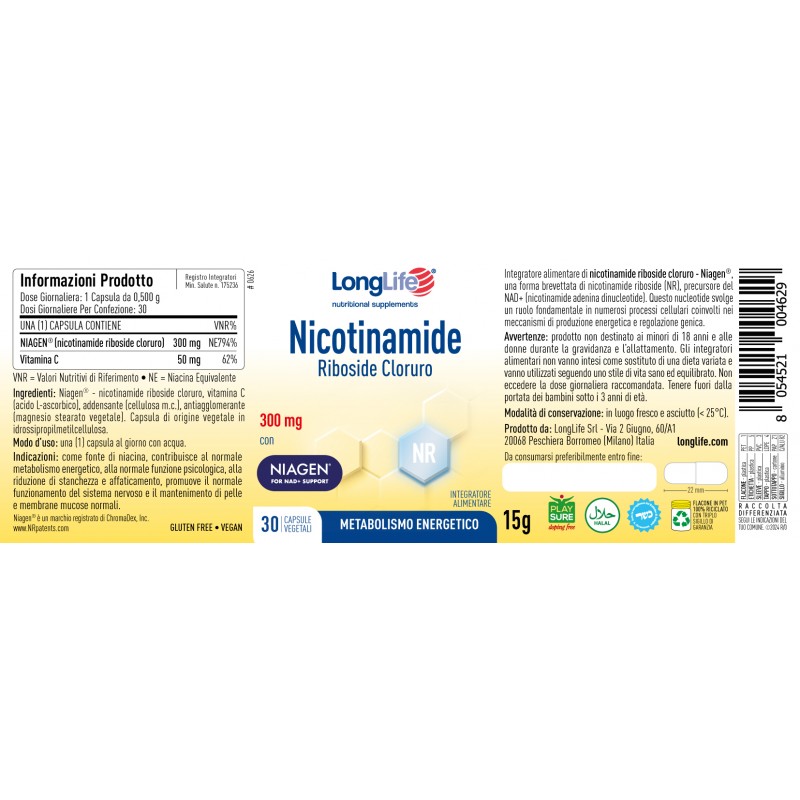 etichetta barattolo di Longlife Nicotinaminde Riboside Cloruro Integratore per Metabolismo Energetico 30 Capsule