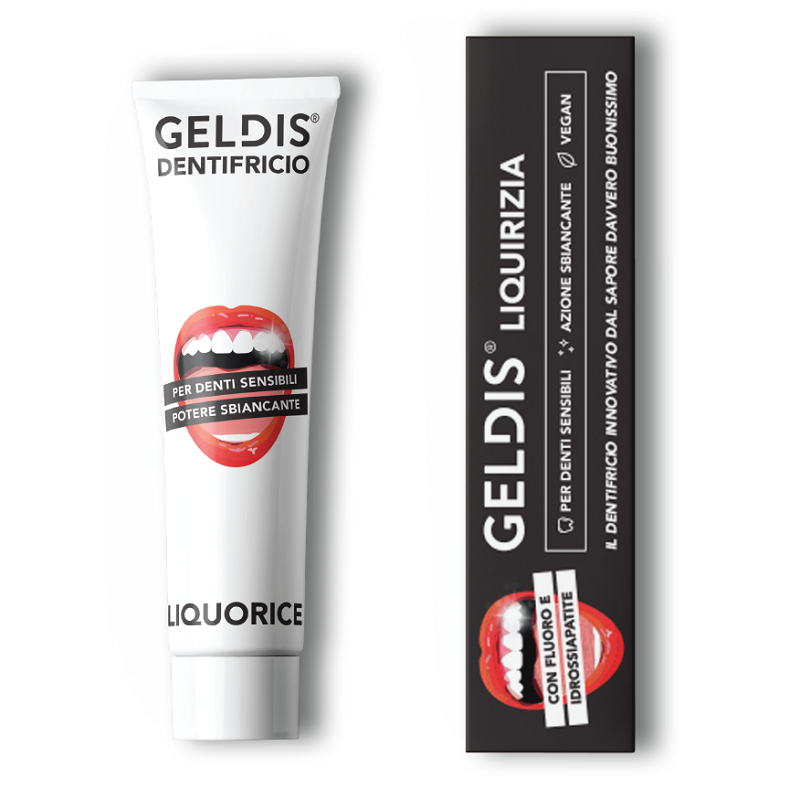 confezione di Geldis Dentifricio Liquirizia Sbiancante per Denti Sensibili 100 ml confezione di Geldis Dentifricio Liquirizia Sbiancante per Denti Sensibili 100 ml