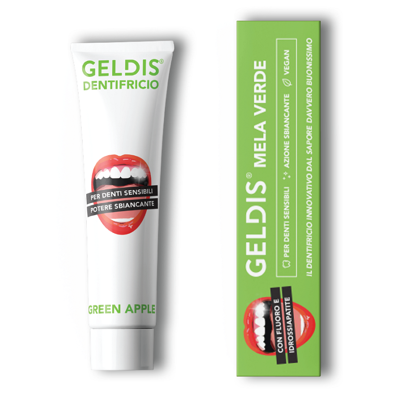 confezione di Geldis Dentifricio alla Mela Verde per Gengive Sensibili Azione Sbiancante 100ml confezione di Geldis Dentifricio alla Mela Verde per Gengive Sensibili Azione Sbiancante 100ml