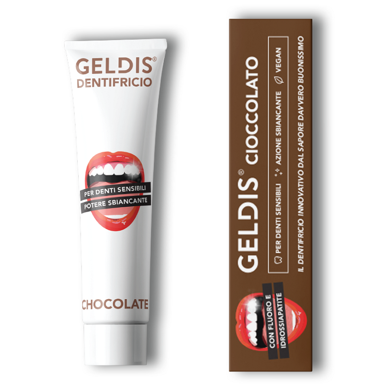 confezione di Geldis Dentifricio Cioccolato per Denti Sensibili Azione Sbiancante 100ml confezione di Geldis Dentifricio Cioccolato per Denti Sensibili Azione Sbiancante 100ml