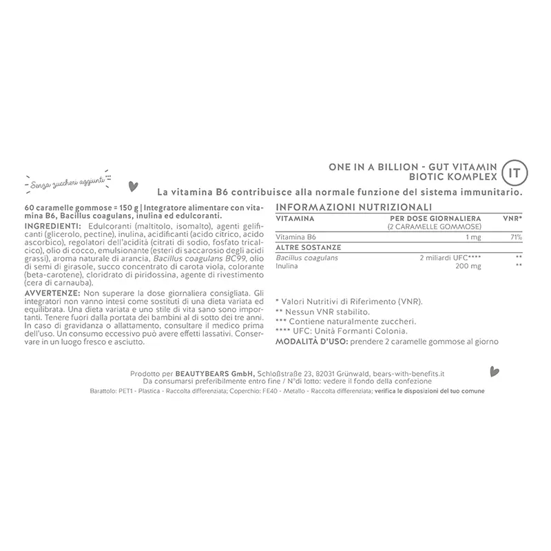 ingredienti di One in a Billion Gut Vitamin Probiotici per Benessere Intestinale 45 Orsetti Gommosi ingredienti di One in a Billion Gut Vitamin Probiotici per Benessere Intestinale 45 Orsetti Gommosi