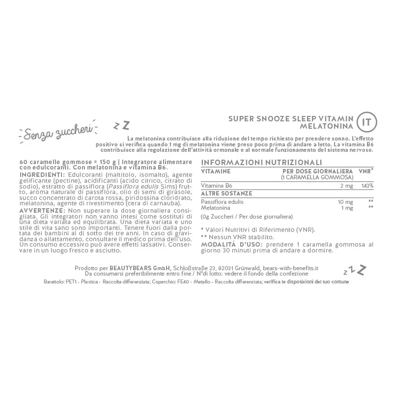ingredienti di Super Snooze Sleep Vitamin Melatonina 45 Orsetti Gommosi Senza Zucchero ingredienti di Super Snooze Sleep Vitamin Melatonina 45 Orsetti Gommosi Senza Zucchero