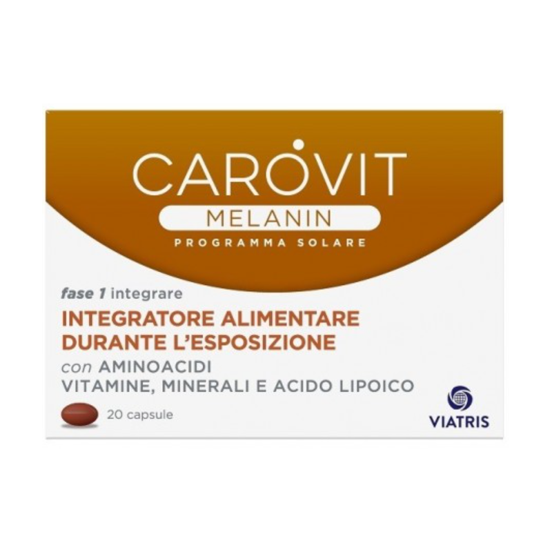 Scatola Carovit Melanin Integratore per Protezione Solare 20 Capsule Scatola Carovit Melanin Integratore per Protezione Solare 20 Capsule