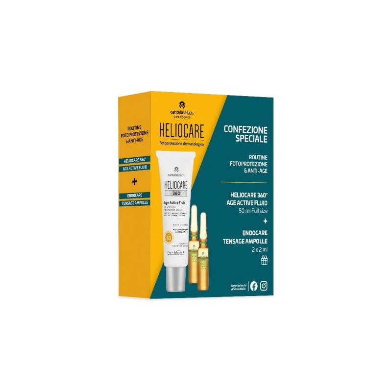 confezione Heliocare 360 Age Active Fluid SPF50 50ml + Endocare Tensage 2 Ampolle da 2ml Omaggio confezione Heliocare 360 Age Active Fluid SPF50 50ml + Endocare Tensage 2 Ampolle da 2ml Omaggio