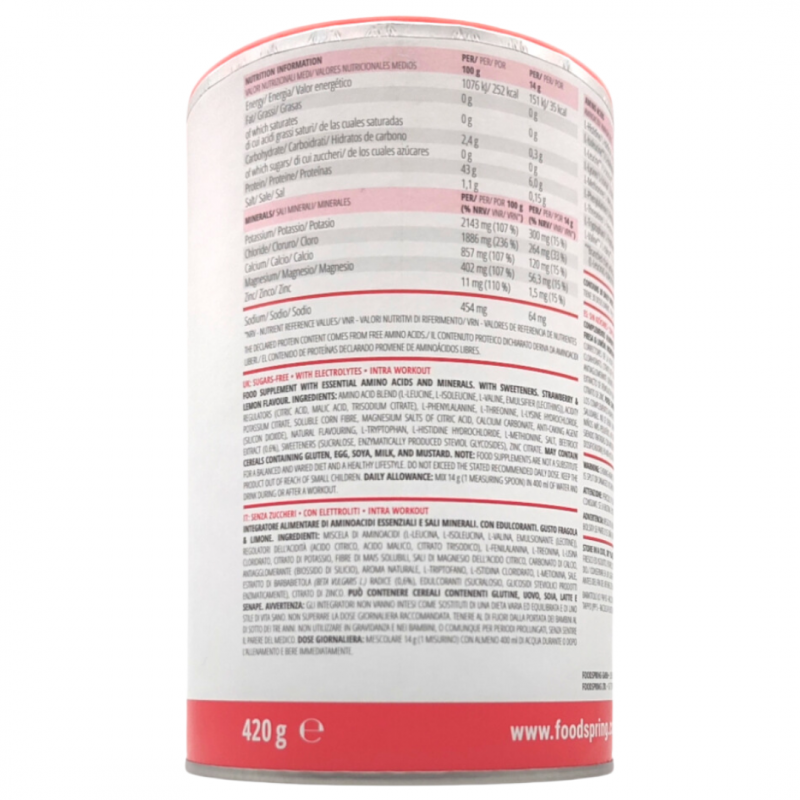 barattolo Foodspring EEA Integratore Aminoacidi Essenziali Gusto Fragola Limone 420g barattolo Foodspring EEA Integratore Aminoacidi Essenziali Gusto Fragola Limone 420g