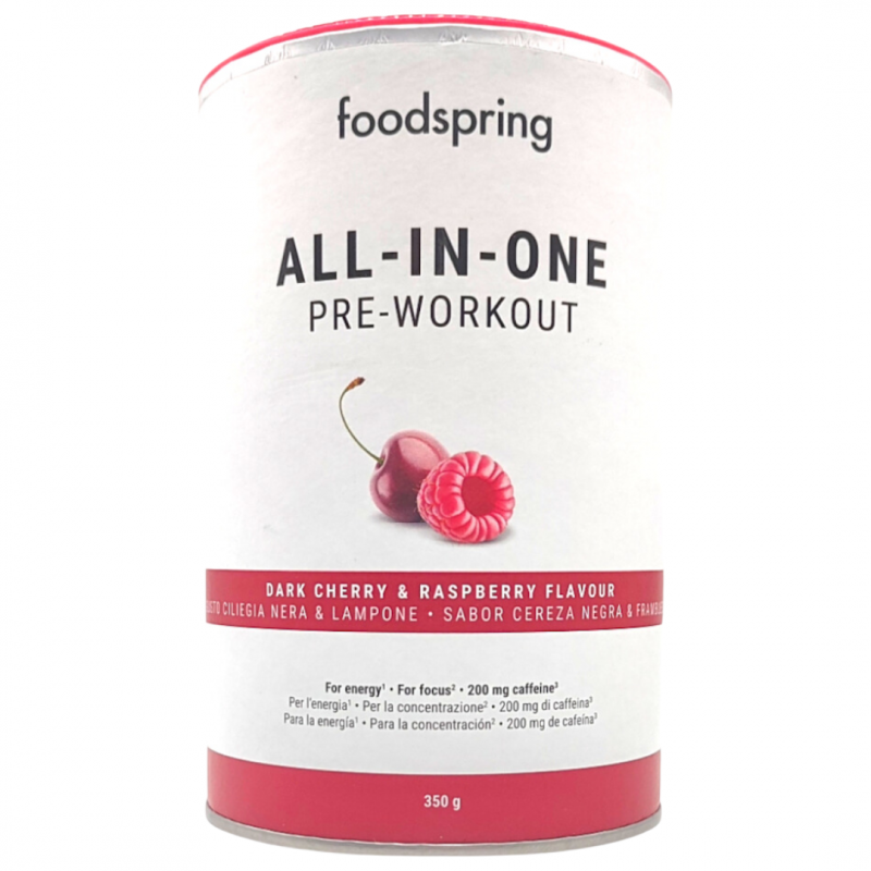 Foodspring All In One Pre Workout Integratore Pre Allenamento Ciliegia Nera e Lampone 350g barattolo Foodspring All In One Pre Workout Integratore Pre Allenamento Ciliegia Nera e Lampone 350g barattolo