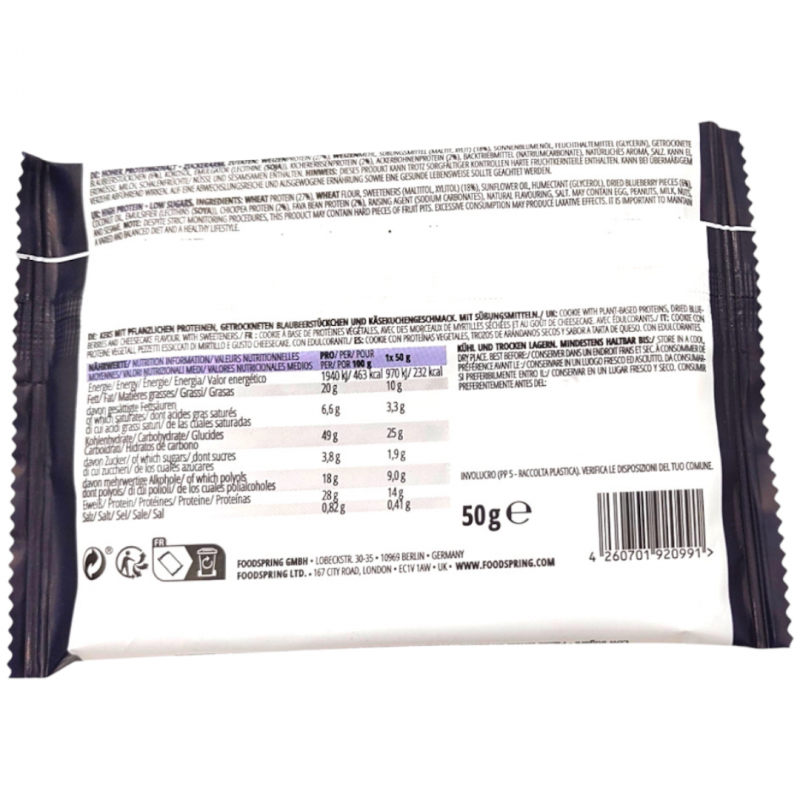 Foodspring Vegan Protein Cookie Gusto Cheesecake ai Mirtilli Snack Proteico 50g Busta monodose Foodspring Vegan Protein Cookie Gusto Cheesecake ai Mirtilli Snack Proteico 50g Busta monodose