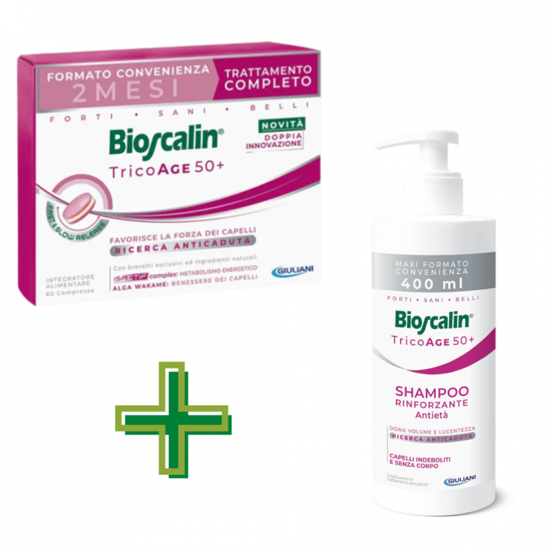 Bioscalin Kit Completo Anticaduta Tricoage 50+ Shampoo 400ml + 60 Compresse Bioscalin Kit Completo Anticaduta Tricoage 50+ Shampoo 400ml + 60 Compresse