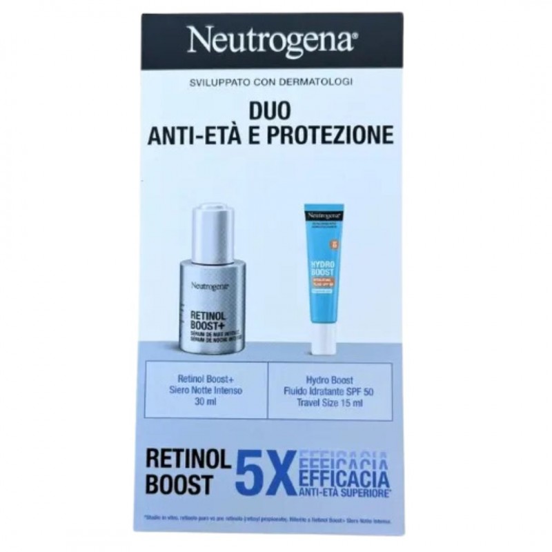 Cofanetto Neutrogena Cofanetto Antietà e Protezione Retinol Boost+ Siero Notte 30ml e Hydro Boost Fluido Idratante SPF50 15ml