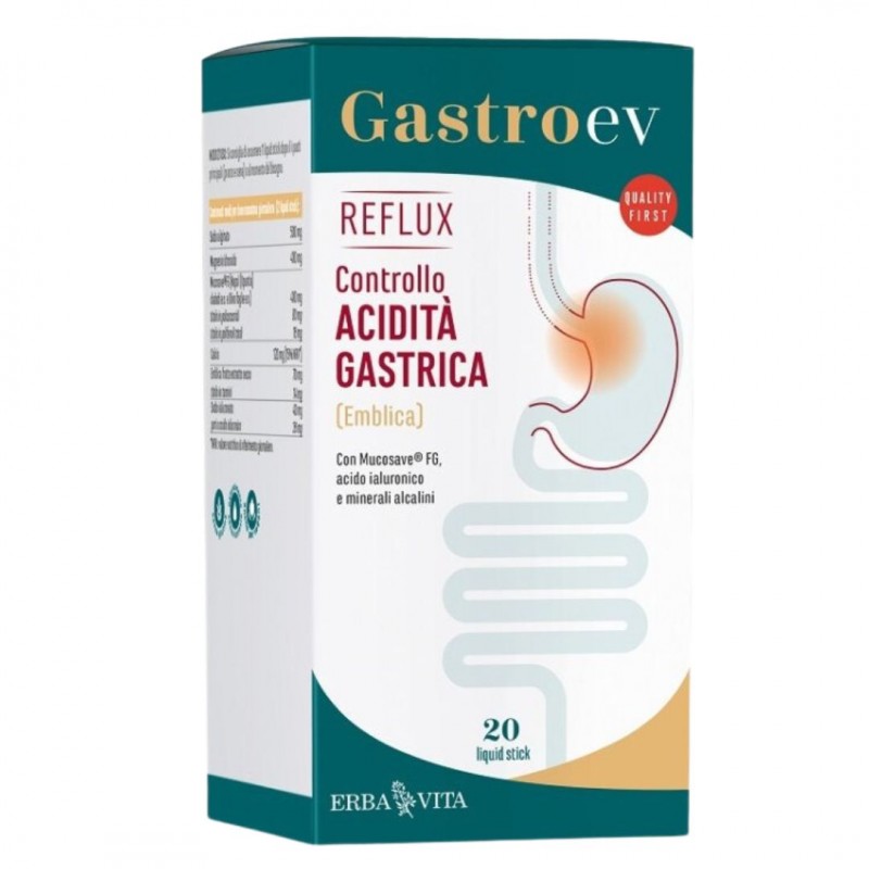 Confezione esterna di Gastroev Reflux Integratore Reflusso e Acidità Gastrica 20 Stick