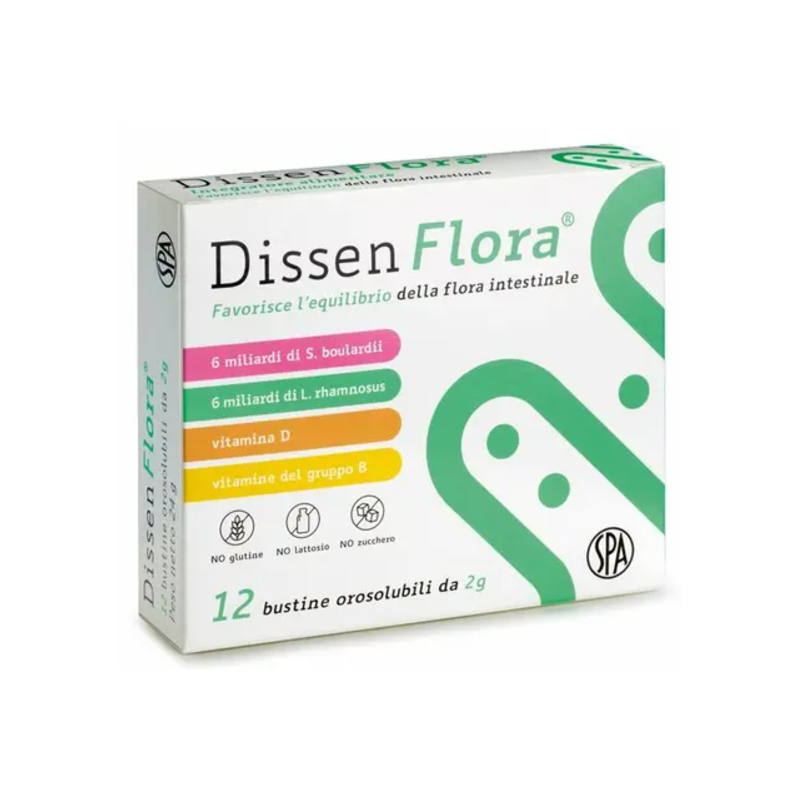 confezione di Dissen Flora Integratore per Benessere Intestinale di Adulti e Bambini 12 Bustine Orosolubili confezione di Dissen Flora Integratore per Benessere Intestinale di Adulti e Bambini 12 Bustine Orosolubili