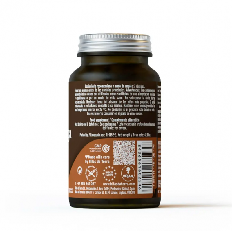 retro confezione di Hifas Da Terra Mico Chaga Integratore Antiossidante 70 Capsule