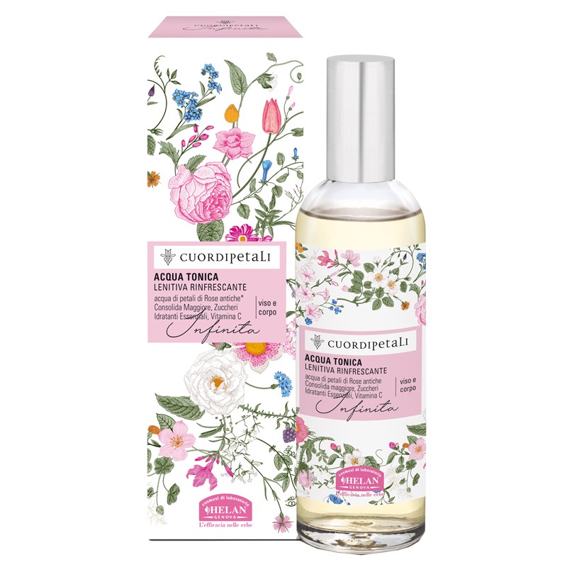 Flacone di Helan Cosmesi Cuor Di Petali Acqua Tonica Lenitiva Rinfrescante 100 ml Flacone di Helan Cosmesi Cuor Di Petali Acqua Tonica Lenitiva Rinfrescante 100 ml