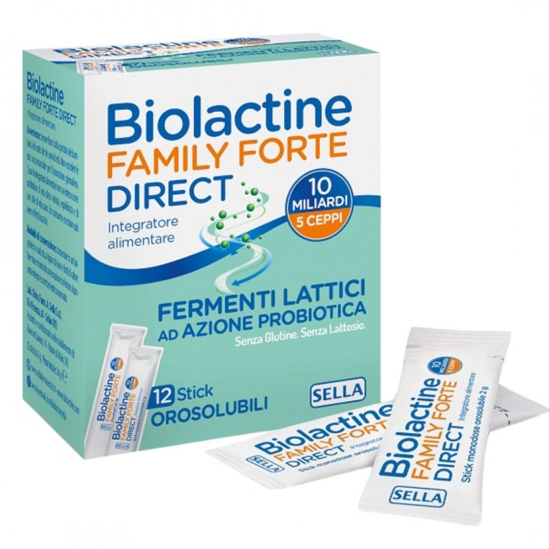 Confezione esterna e bustine di Biolactine Family Forte Direct 10 Miliardi Integratore Fermenti Lattici 12 Stick Confezione esterna e bustine di Biolactine Family Forte Direct 10 Miliardi Integratore Fermenti Lattici 12 Stick