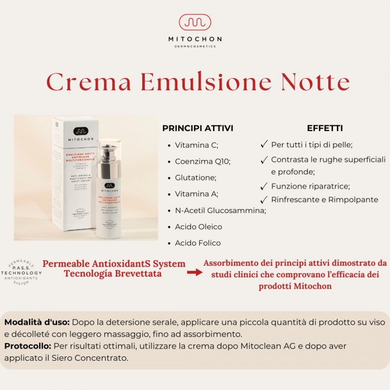 caratteristiche di Mitochon Crema Emulsione Notte Antirughe Multifunzionale Viso e Décolleté 30ml