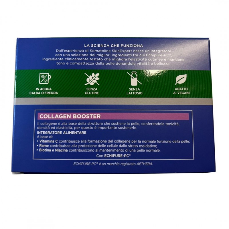 Retro della confezione di Somatoline Skin Expert Collagen Booster Integratore per la Pelle 30 Bustine