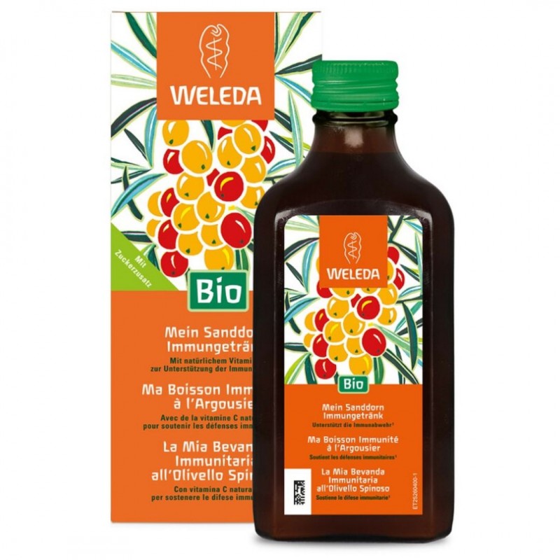 Confezione esterna e flacone di Weleda Olivello Spinoso Bevanda per Sistema Immunitario 200ml Confezione esterna e flacone di Weleda Olivello Spinoso Bevanda per Sistema Immunitario 200ml