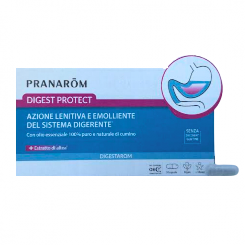 confezione di Pranarom Digest Protect per Acidità e Reflusso 30 Capsule confezione di Pranarom Digest Protect per Acidità e Reflusso 30 Capsule