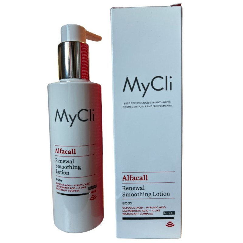 Confezione e flacone di MyCli Fluido Rinnovatore Levigante ed Esfoliante per Corpo 200ml Confezione e flacone di MyCli Fluido Rinnovatore Levigante ed Esfoliante per Corpo 200ml