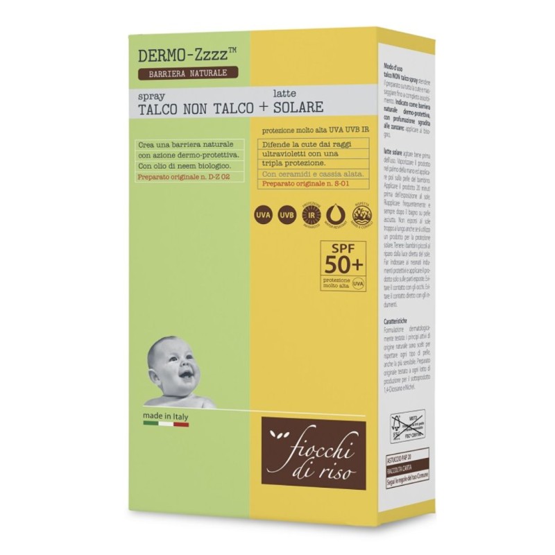Confezione di Dermo ZZZ Spray Talco non Talco 100ml e Latte Solare SPF50+ 140ml Confezione di Dermo ZZZ Spray Talco non Talco 100ml e Latte Solare SPF50+ 140ml