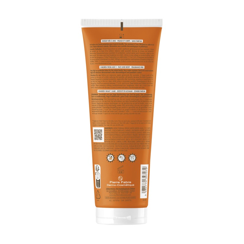 retro flacone di Avene Latte Solare Protezione Alta SPF 50+ per Bambini 250ml retro flacone di Avene Latte Solare Protezione Alta SPF 50+ per Bambini 250ml