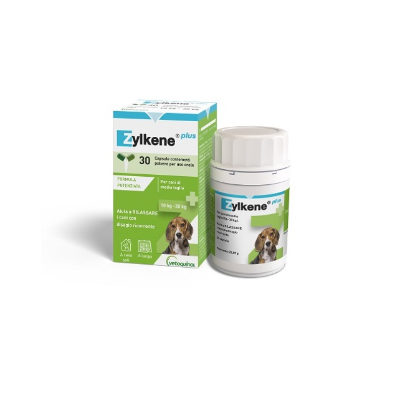 confezione esterna e barattolo Zylkene Plus Integratore per Rilassamento Cani da 10-30 Kg 30 Capsule