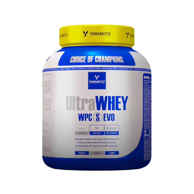 confezione di Yamamoto Ultra Whey Proteine Concentrate WPC S EVO 900g Gusto Vaniglia confezione di Yamamoto Ultra Whey Proteine Concentrate WPC S EVO 900g Gusto Vaniglia