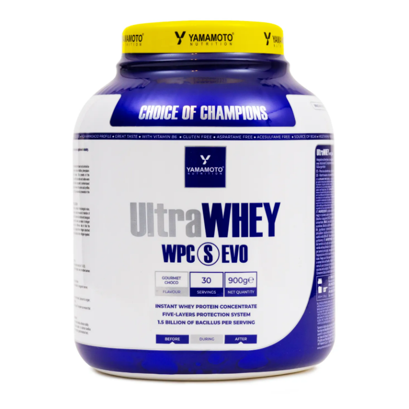 confezione di Yamamoto Ultra Whey Proteine Concentrate WPC S EVO 900g Gusto Cioccolato confezione di Yamamoto Ultra Whey Proteine Concentrate WPC S EVO 900g Gusto Cioccolato