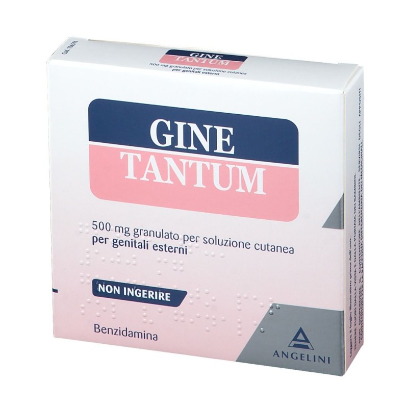 Foto illustrativa del packaging di Ginetantum 10 Bustine Vaginali 500 mg (ex Tantum Rosa)