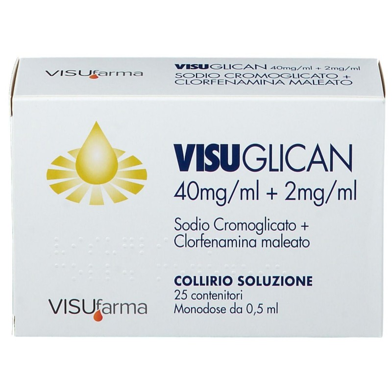 Dettaglio del packaging di Visuglican Collirio 25 Dosi 4% + 0,2% per Congiuntiviti di Varia Natura