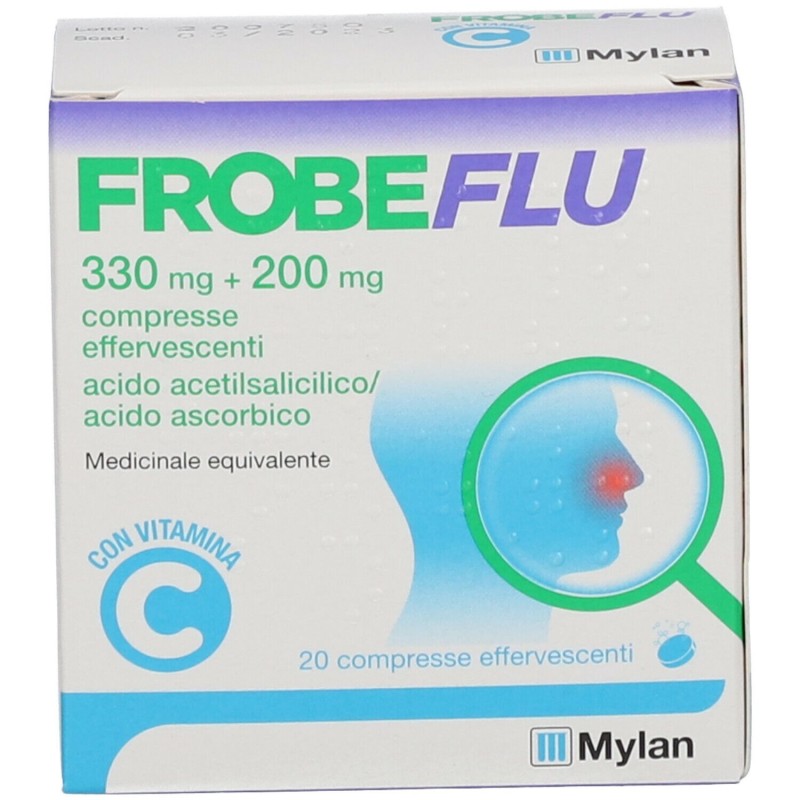 Confezione commerciale diFrobeflu Acido Acetilsalicilico e Vitamina C 20 Compresse Effervescenti Equivalente Aspirina C Confezione commerciale diFrobeflu Acido Acetilsalicilico e Vitamina C 20 Compresse Effervescenti Equivalente Aspirina C