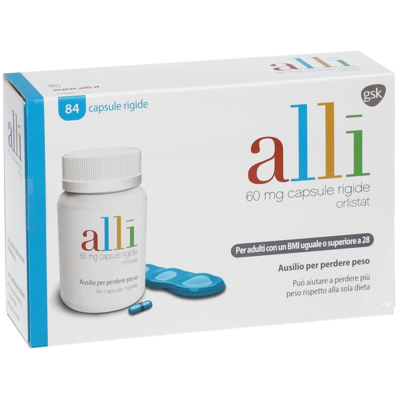 Foto illustrativa del packaging di Alli Farmaco per Perdita di Peso 84 Capsule 60mg Foto illustrativa del packaging di Alli Farmaco per Perdita di Peso 84 Capsule 60mg