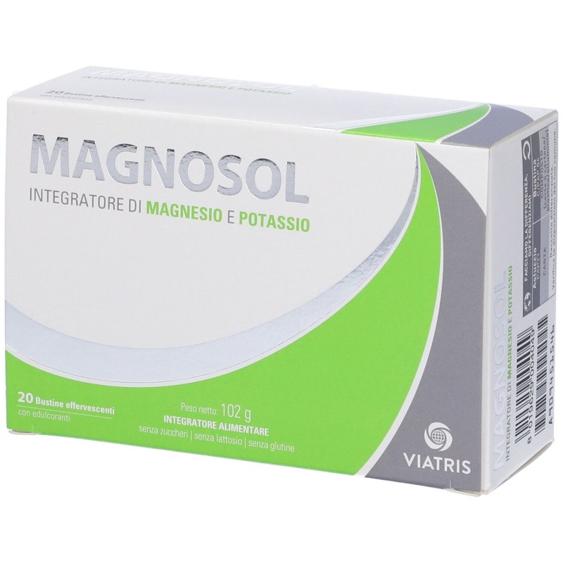 Confezione commerciale diMagnosol Integratore di Magnesio e Potassio 20 Bustine Effervescenti