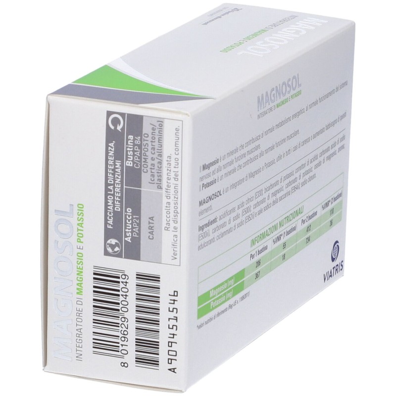 Dettaglio del packaging di Magnosol Integratore di Magnesio e Potassio 20 Bustine Effervescenti