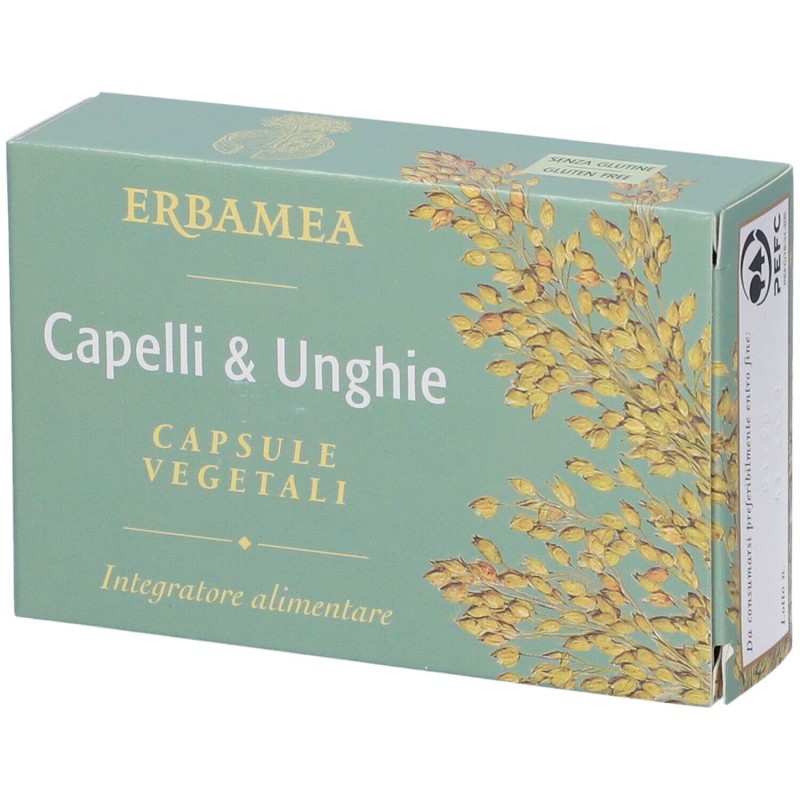 Foto illustrativa del packaging di Erbamea Capelli & Unghie per Fragilità 24 Capsule Vegetali Foto illustrativa del packaging di Erbamea Capelli & Unghie per Fragilità 24 Capsule Vegetali