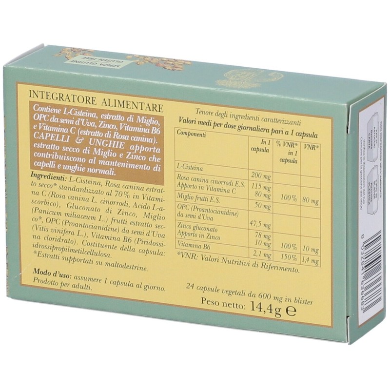 Dettaglio del packaging di Erbamea Capelli & Unghie per Fragilità 24 Capsule Vegetali Dettaglio del packaging di Erbamea Capelli & Unghie per Fragilità 24 Capsule Vegetali