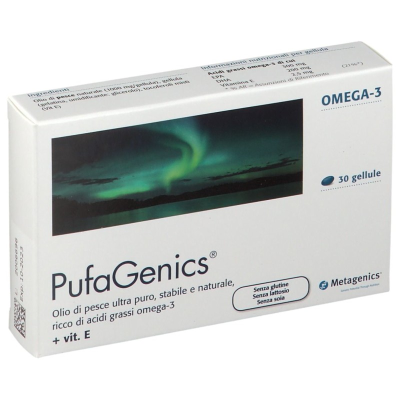 Presentazione grafica di Metagenics Pufagenics Integratore con Omega-3 30 Capsule