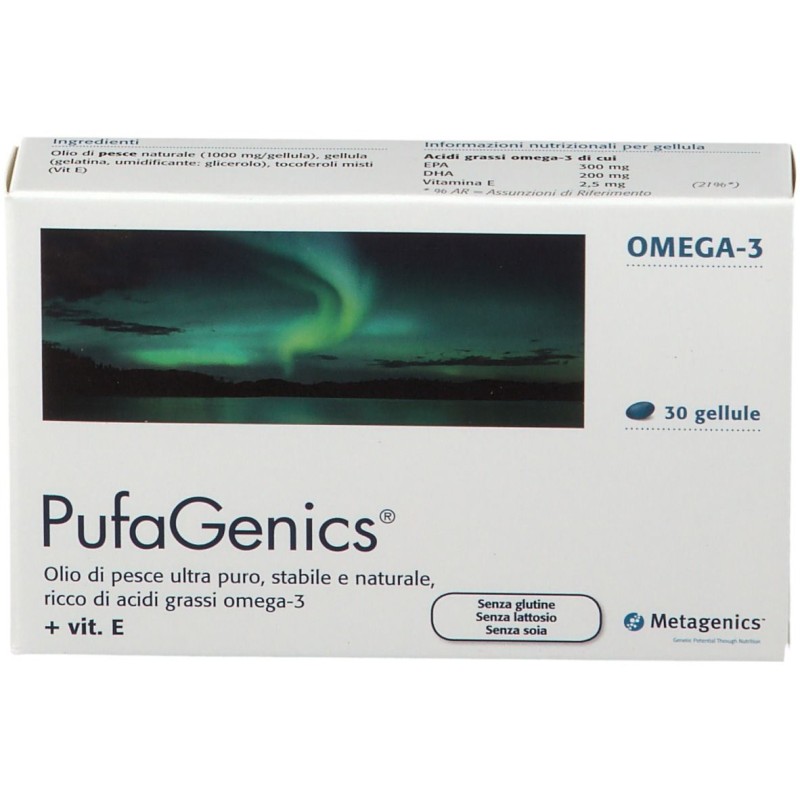 Scatola integra del prodotto Metagenics Pufagenics Integratore con Omega-3 30 Capsule