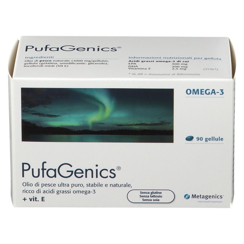 Confezione commerciale diMetagenics Pufagenics Integratore con Omega-3 90 Capsule Confezione commerciale diMetagenics Pufagenics Integratore con Omega-3 90 Capsule