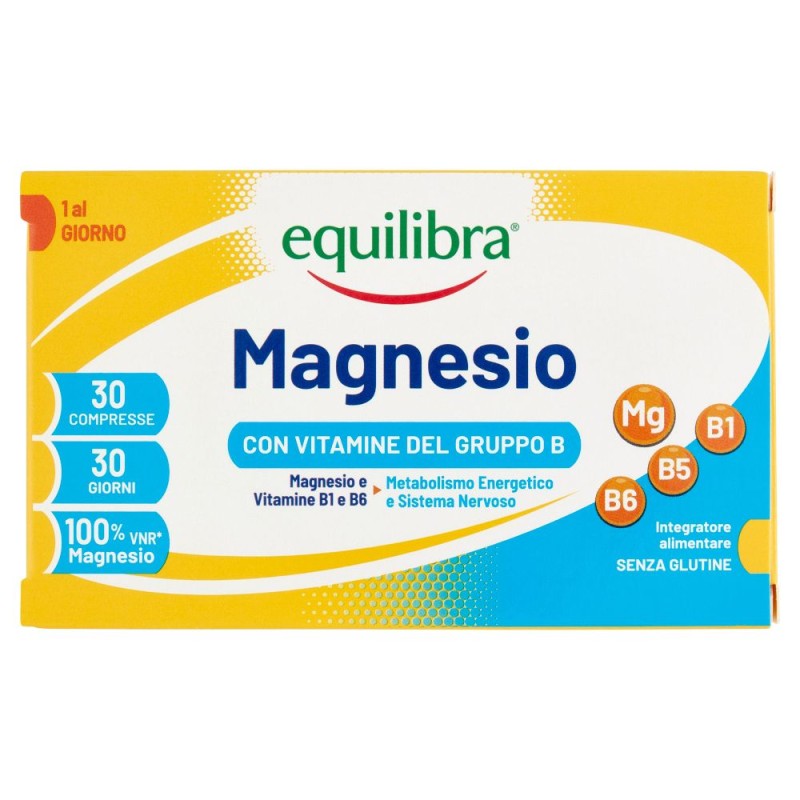 Confezione commerciale diEquilibra Magnesio con Vitamine B Integratore per Ossa e Denti 30 Compresse Confezione commerciale diEquilibra Magnesio con Vitamine B Integratore per Ossa e Denti 30 Compresse