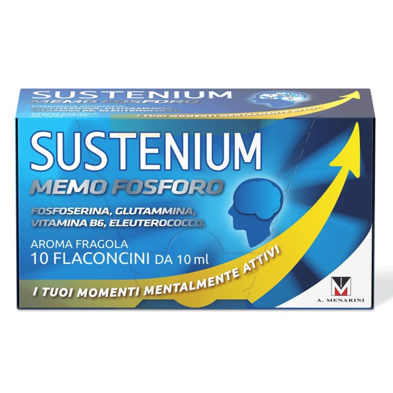 Foto illustrativa del packaging di Sustenium Memo Fosforo per Memoria e Concentrazione 10 Flaconcini