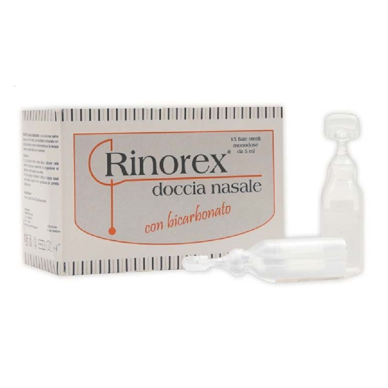 Dettaglio del packaging di Rinorex Fiala Per Doccia Nasale Bicarbonato 15 Fiale