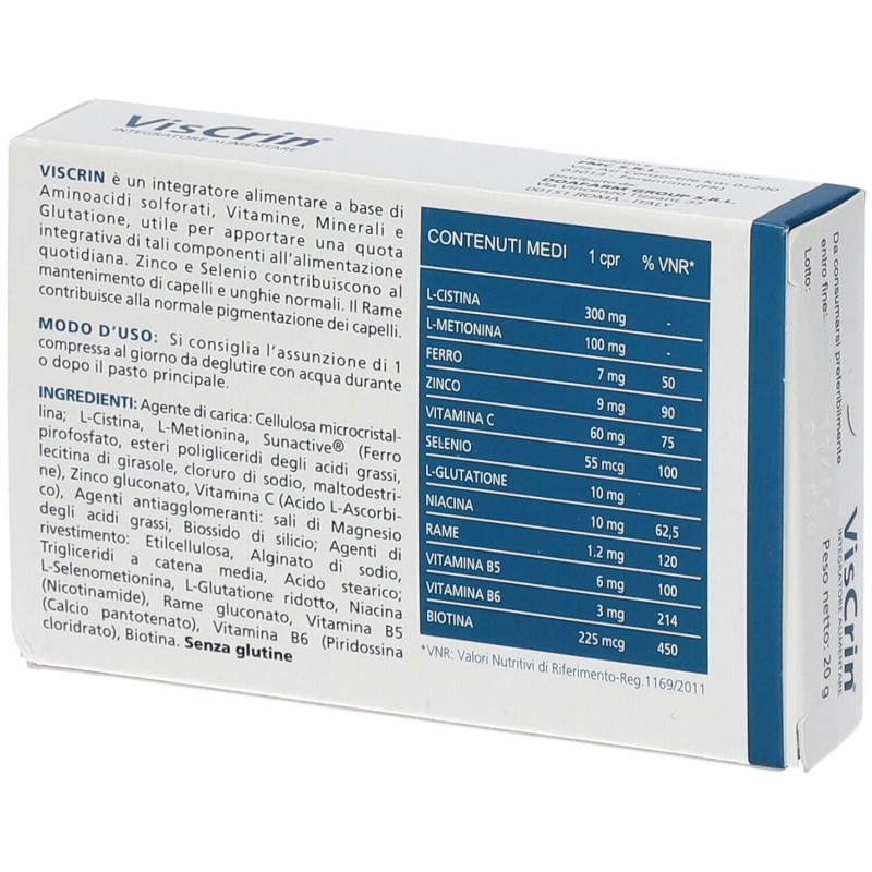 Primo piano di Viscrin Integratore per Pelle e Unghie 20 Compresse Primo piano di Viscrin Integratore per Pelle e Unghie 20 Compresse
