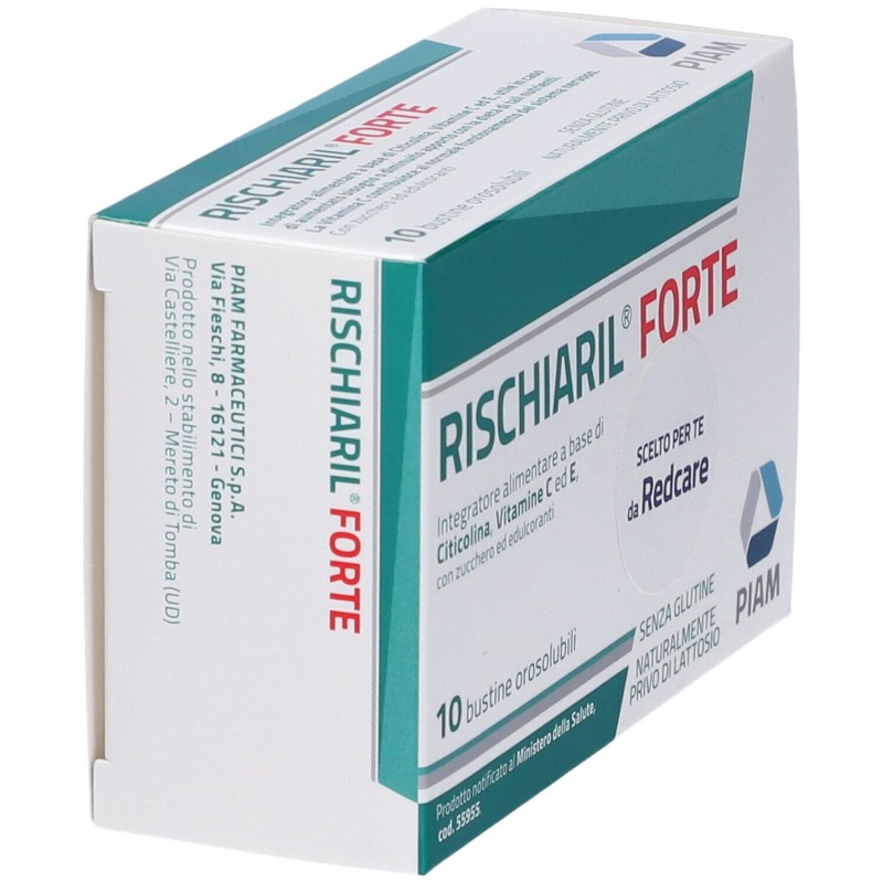 Dettaglio del packaging di Rischiaril Forte Integratore Memoria e Concentrazione 10 Bustine Dettaglio del packaging di Rischiaril Forte Integratore Memoria e Concentrazione 10 Bustine