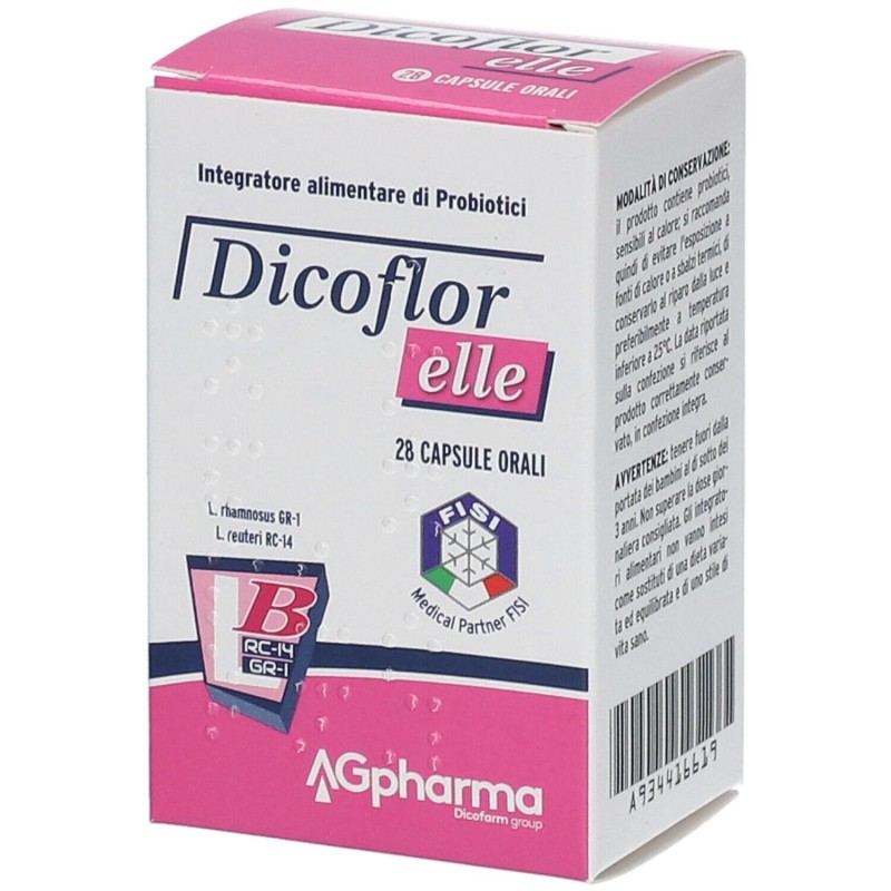 Dettaglio del packaging di Dicoflor Elle Integratore per Flora Batterica 28 Capsule