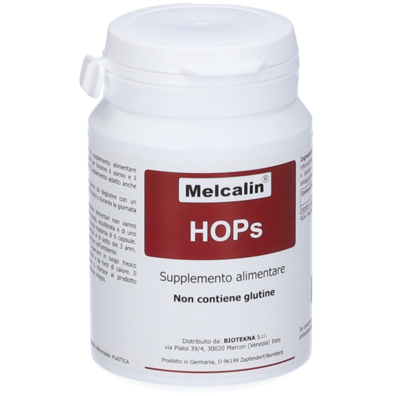 Dettaglio del packaging di Melcalin Hops Integratore per Sonno e Relax 56 Capsule Dettaglio del packaging di Melcalin Hops Integratore per Sonno e Relax 56 Capsule