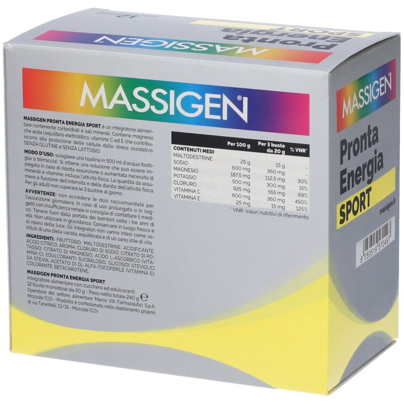 Foto esplicativa di Marco Viti Massigen Sport Pronta Energia Integratore Vitamine Minerali 12 Bustine
