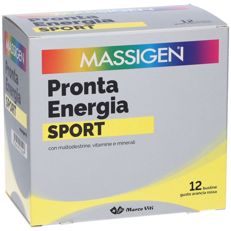 Scatola originale del prodotto Marco Viti Massigen Sport Pronta Energia Integratore Vitamine Minerali 12 Bustine