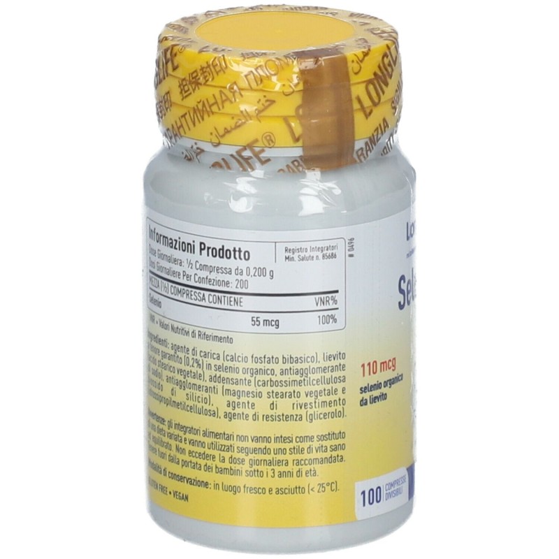 Primo piano di Longlife Selenium Integratore Antiossidante 100 Compresse Primo piano di Longlife Selenium Integratore Antiossidante 100 Compresse