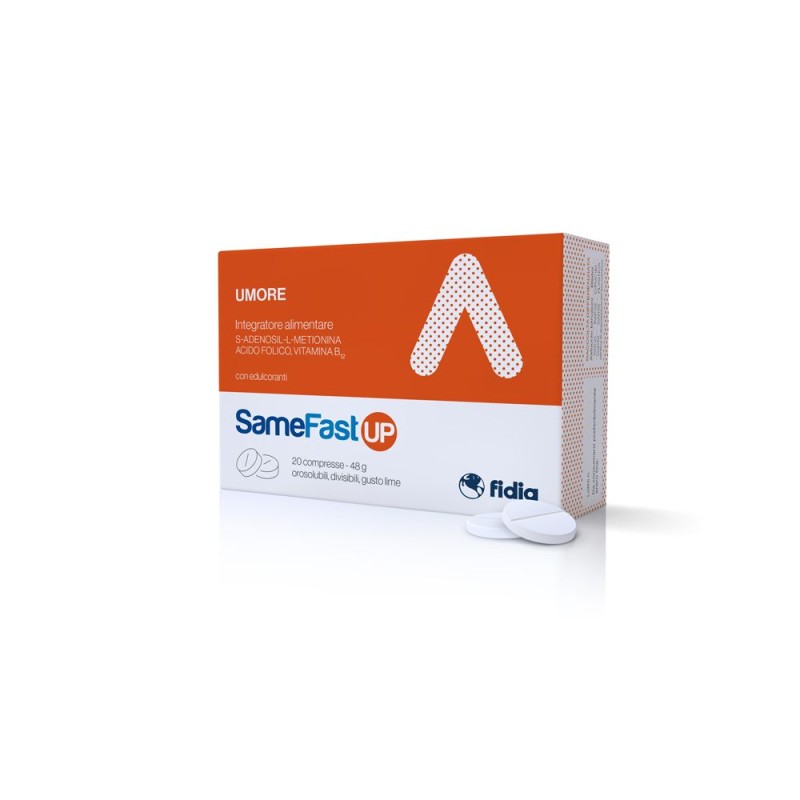 Dettaglio del packaging di Samefast Up Integratore Ricostituente e per Umore 20 Compresse Orosolubili Dettaglio del packaging di Samefast Up Integratore Ricostituente e per Umore 20 Compresse Orosolubili